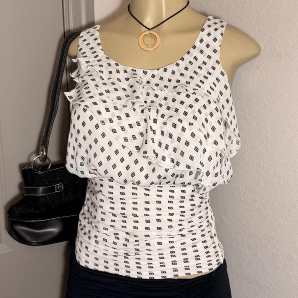 White House Black Market white blouse with black diamond pattern
